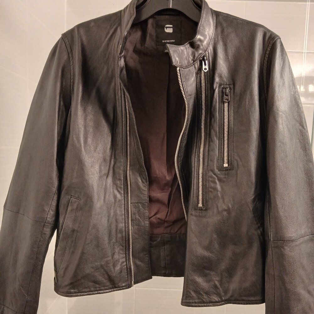 G-Star Black Leather Jacket with Zipper Details